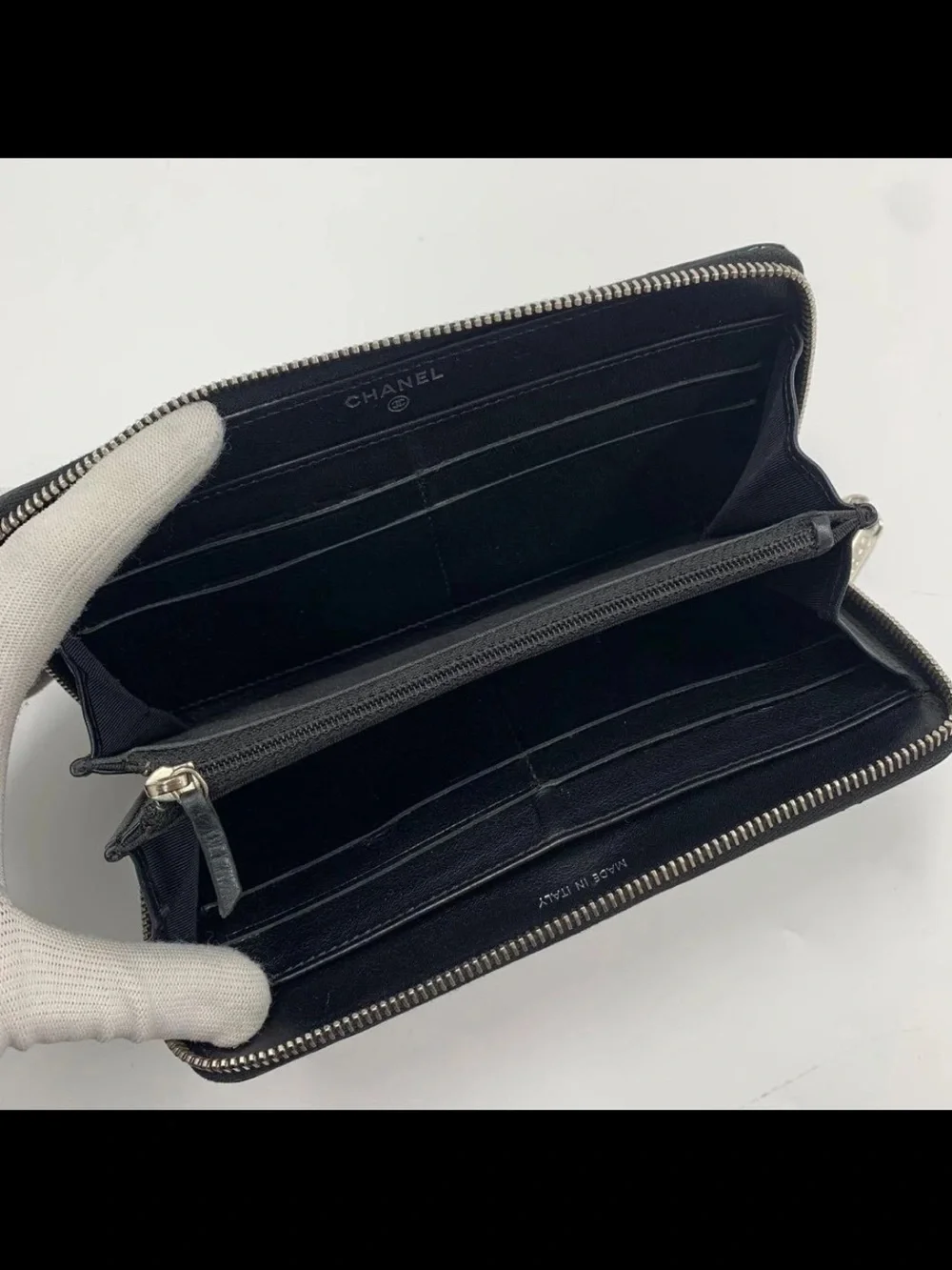 CHANEL Black Quilted Patent Leather Zip-Around Wallet with CC Logo